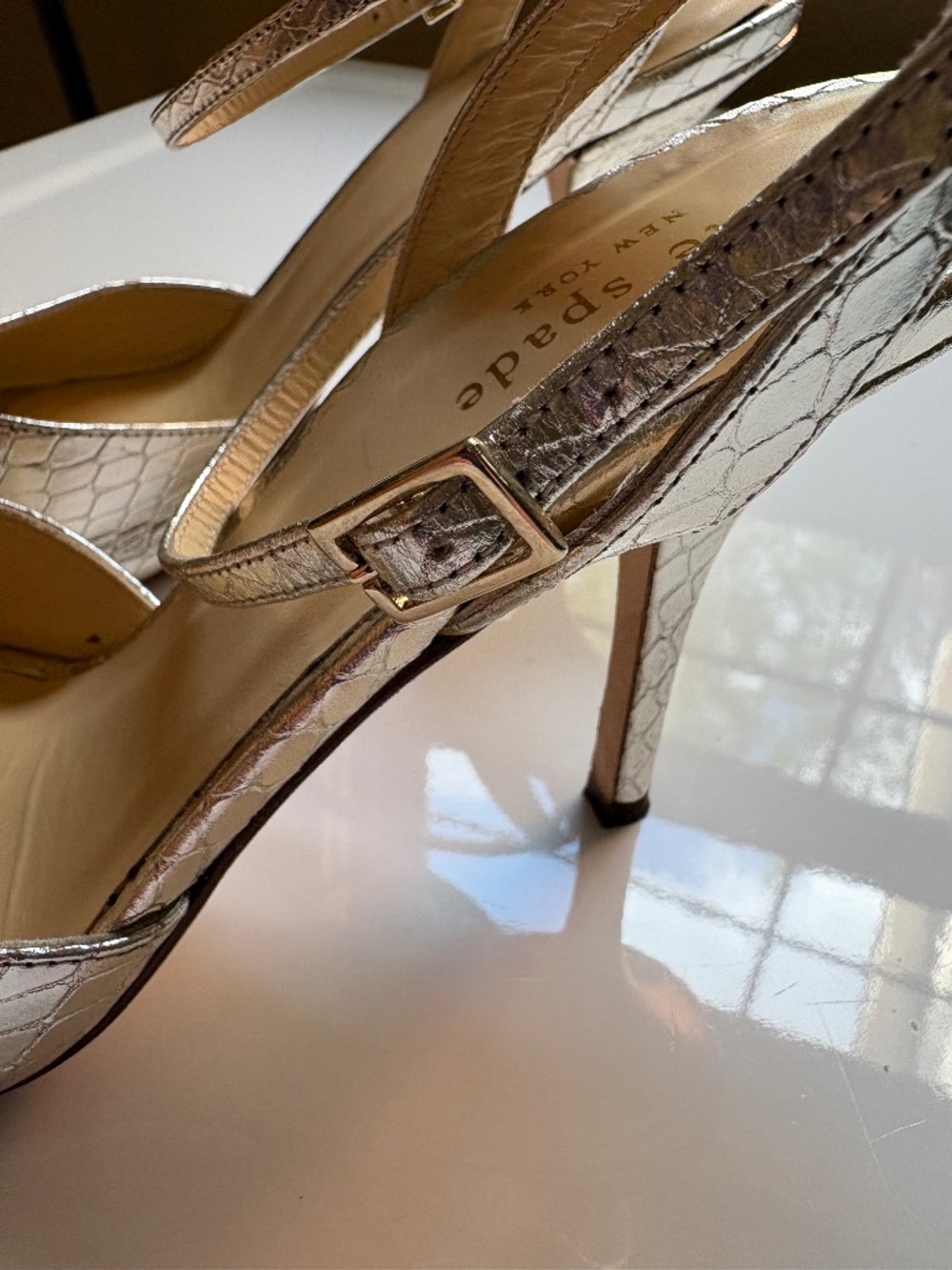 Kate Spade, Metallic, Pearl Cluster Peep Toe Heels, Woman Size 8, Made in Italy